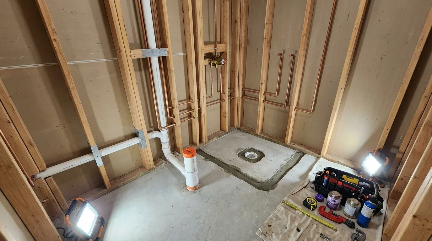 Bathroom rough-in plumbing during remodel by Johns Plumbing LLC in Grantsburg