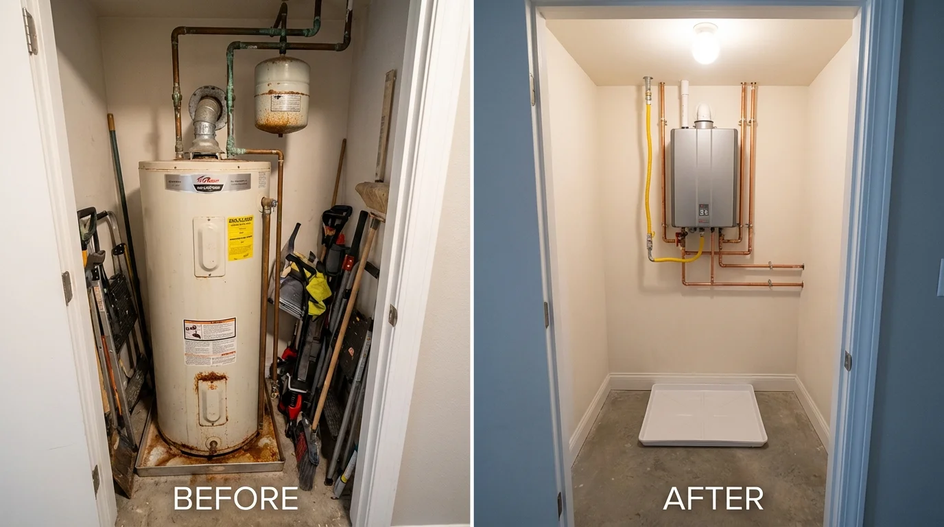 Tank water heater versus wall-mounted tankless unit comparison for Grantsburg, WI homeowners