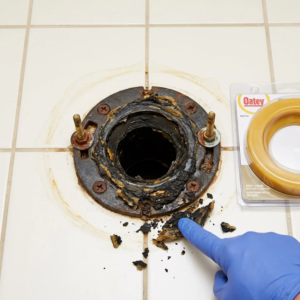 Failed wax ring showing water seepage at the base of a toilet in a Grantsburg, WI home