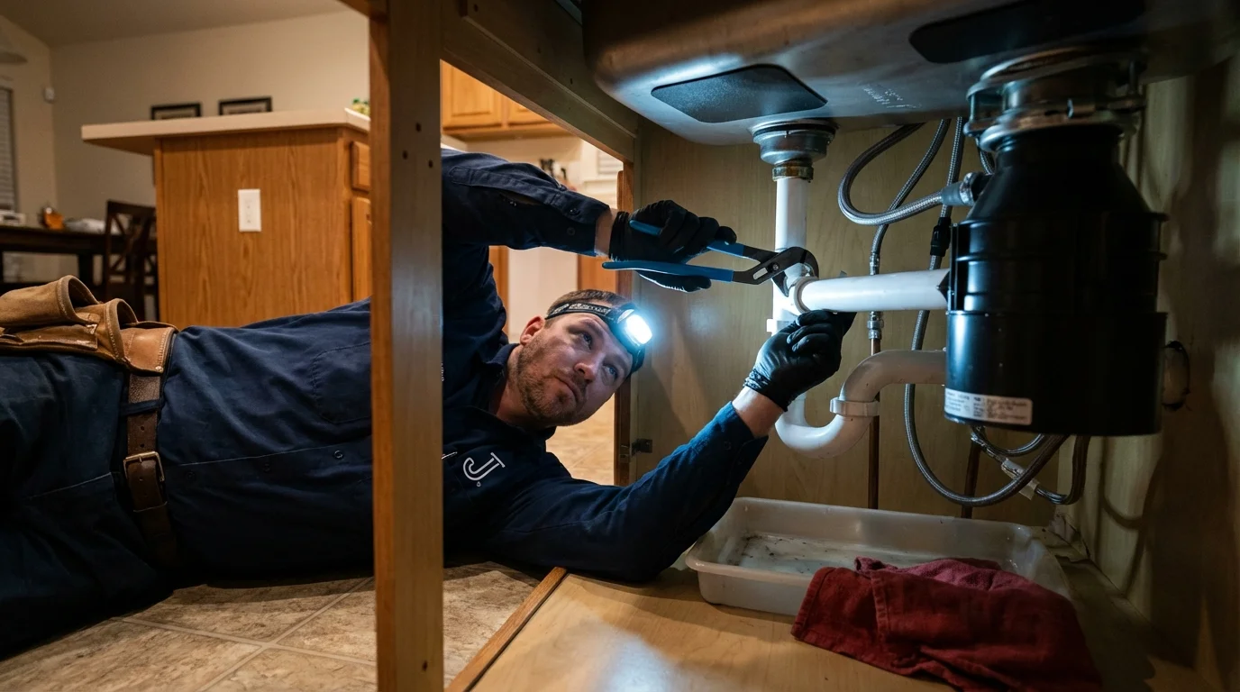 P-trap and supply line connections under a kitchen sink showing a common leak point in Grantsburg, WI